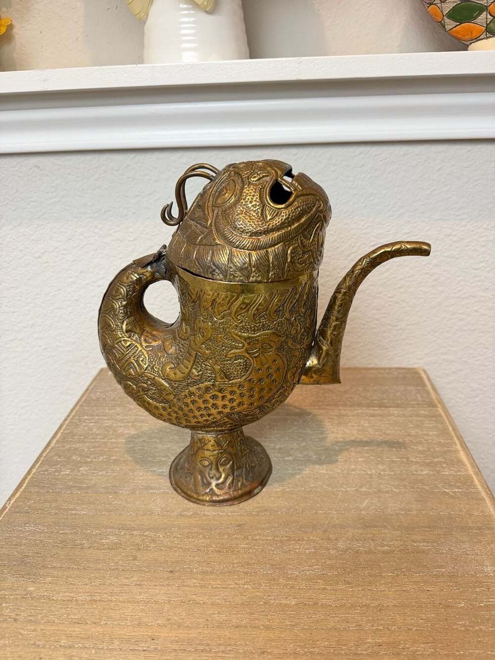 Vintage Hand-Carved Brass Fish Teapot Flagon with Pedestal Base